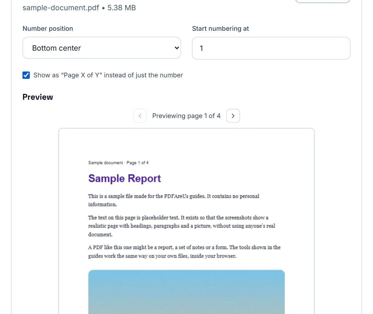 Add Page Numbers options: number position, the number to start at, and the Page X of Y checkbox ticked