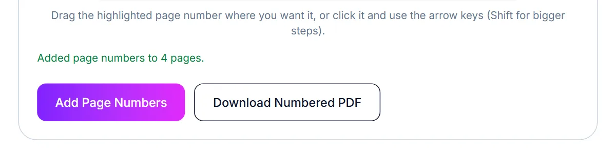 Add Page Numbers finished: page numbers added to 4 pages, with a Download Numbered PDF button