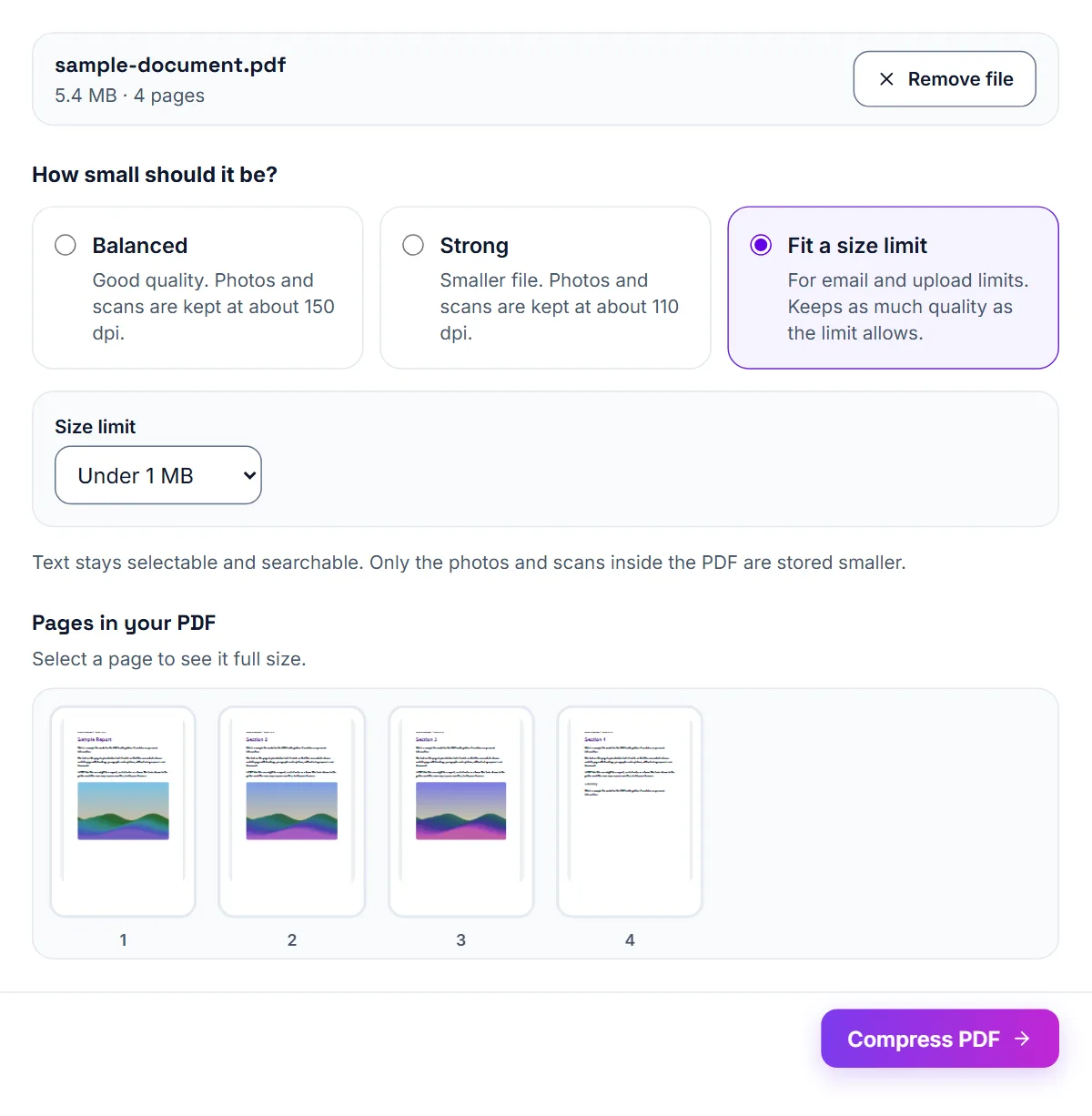 Compress PDF with Fit a size limit selected and the Size limit menu set to Under 1 MB, for a 5.4 MB sample PDF whose 4 pages are shown as thumbnails