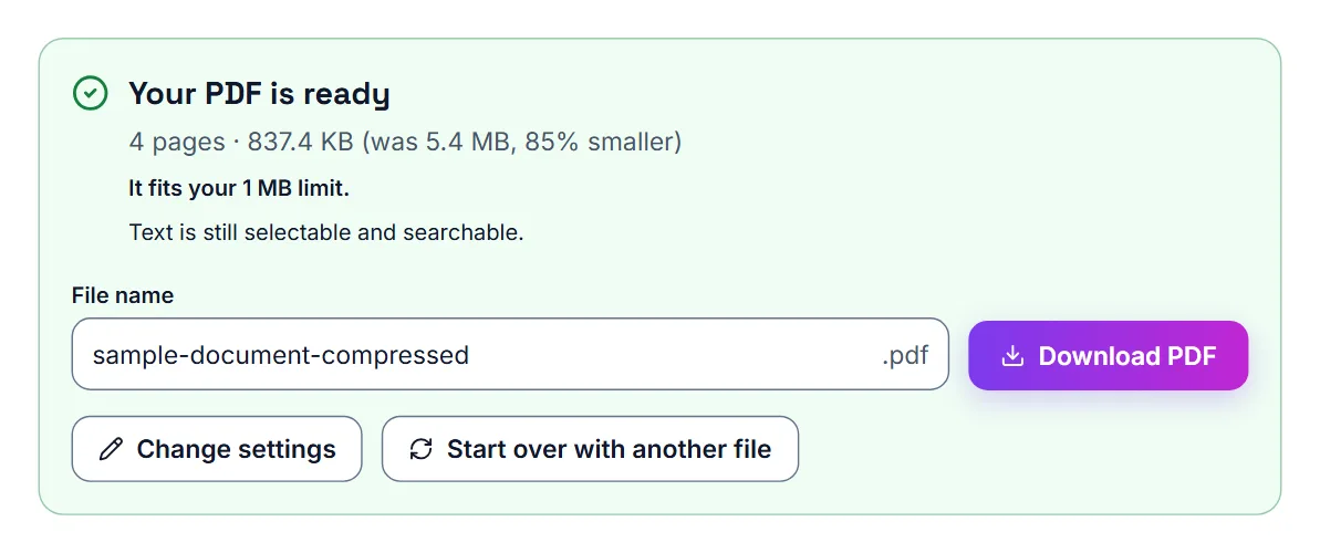 Compress PDF finished: the 5.4 MB sample now fits the 1 MB limit, text is still selectable, and a Download PDF button is shown