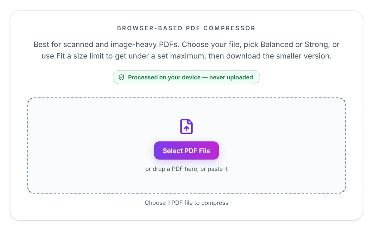 The Compress PDF tool with its Select PDF File button, before a file is chosen