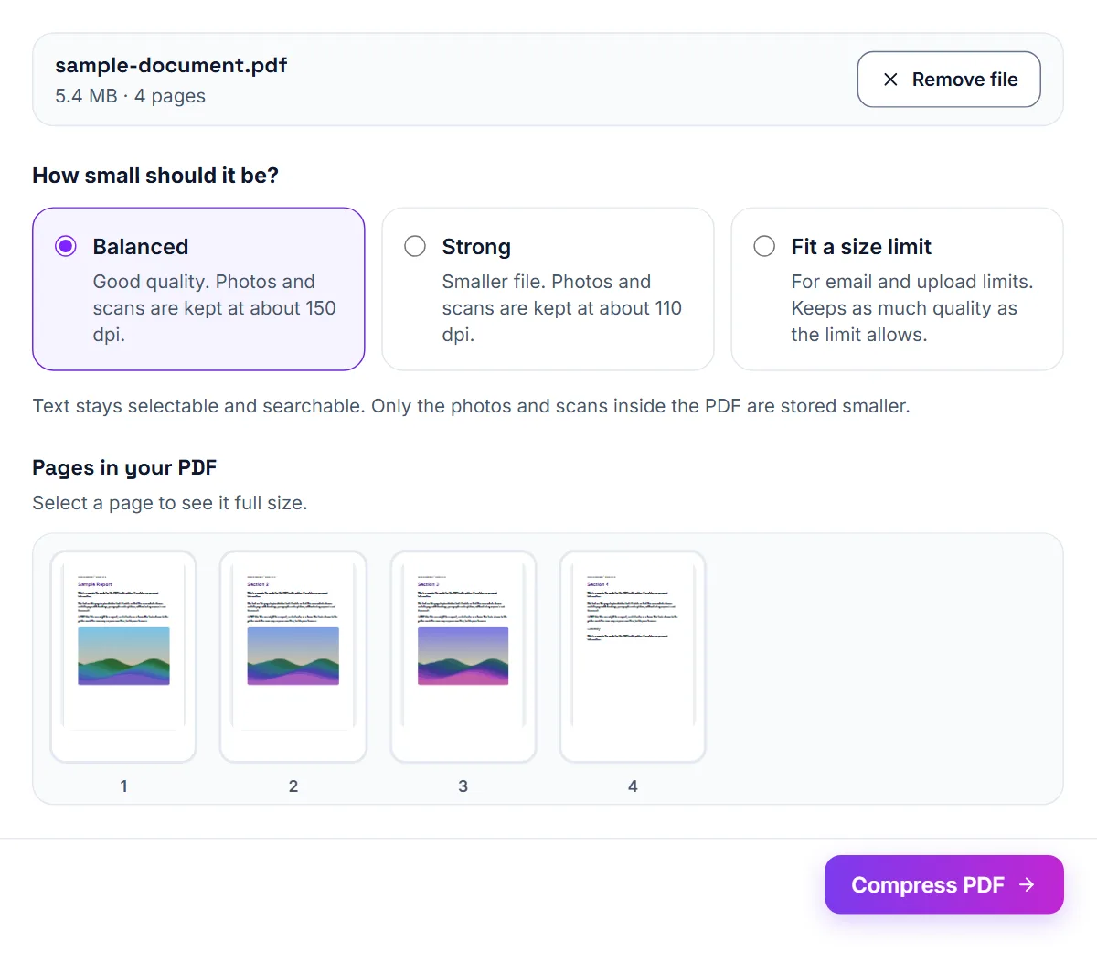 A 5.4 MB sample PDF loaded in Compress PDF. Under How small should it be? the choices are Balanced, Strong and Fit a size limit, with Balanced selected, and thumbnails of its 4 pages under Pages in your PDF