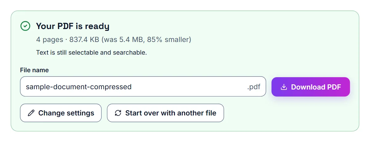 Compress PDF finished on Balanced: Your PDF is ready, with the new size next to the original, a note that text is still selectable, and a Download PDF button