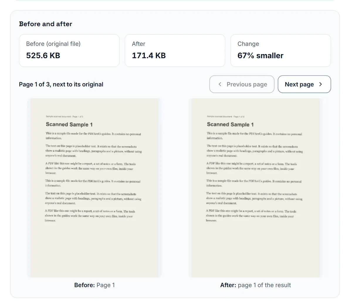 The Before and after panel for the scanned sample: the original and new file sizes, and a compressed page next to its original