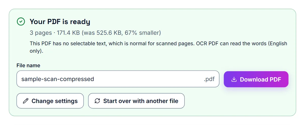 Compress PDF finished on the scanned sample: the new size next to the original, a note that the PDF has no selectable text, and a Download PDF button