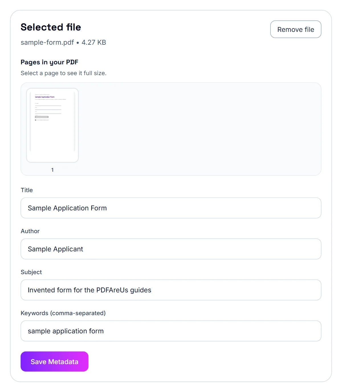 Edit PDF Metadata with a sample form open: Title Sample Application Form, Author Sample Applicant, a Subject and Keywords, each in a box that can be cleared or changed, above Save Metadata