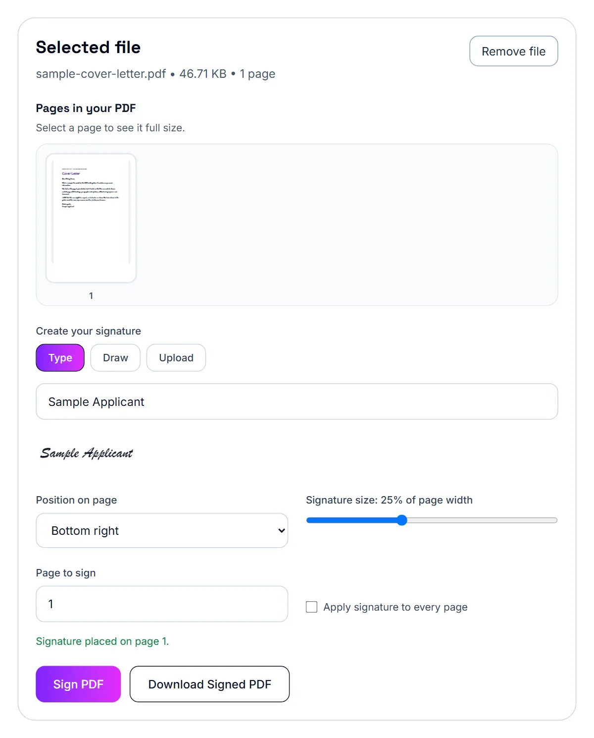 Sign PDF finished, with a button to download the signed PDF