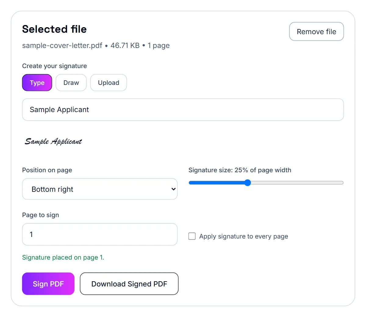 Sign PDF finished, with a button to download the signed PDF