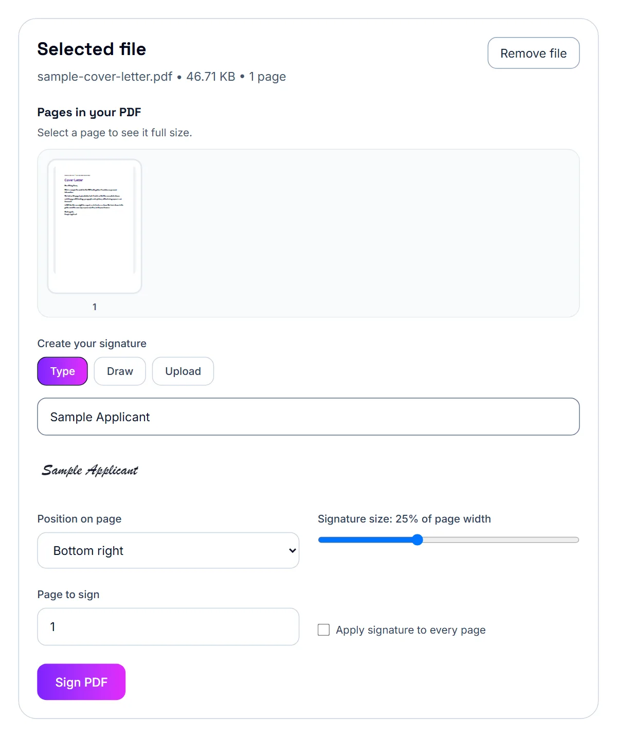 Sign PDF with a one-page sample letter open, its page shown under Pages in your PDF, the Type tab chosen and the name Sample Applicant typed as the signature, plus position, size and page options