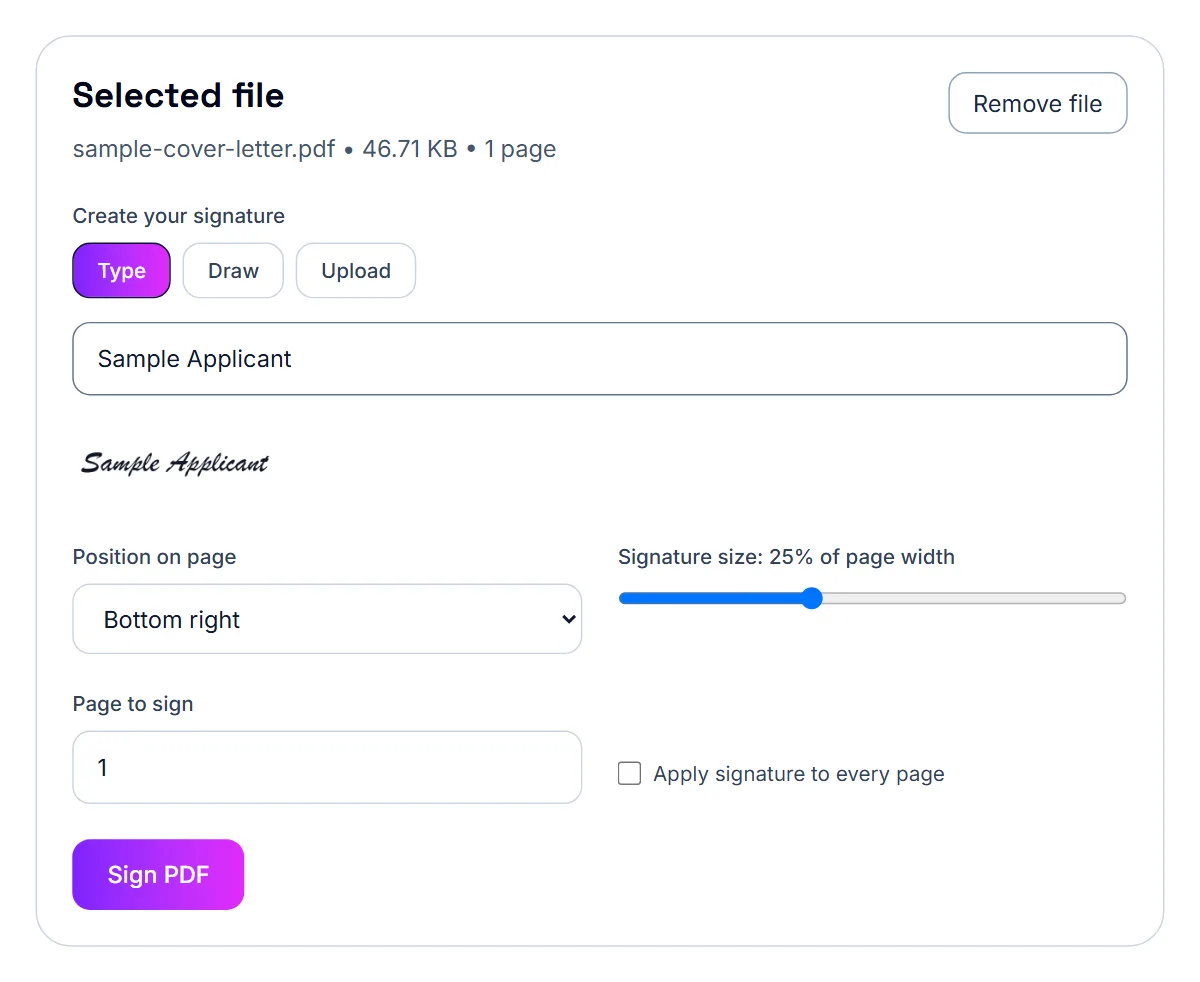 Sign PDF with the Type tab chosen and the name Sample Applicant typed as the signature, plus position, size and page options