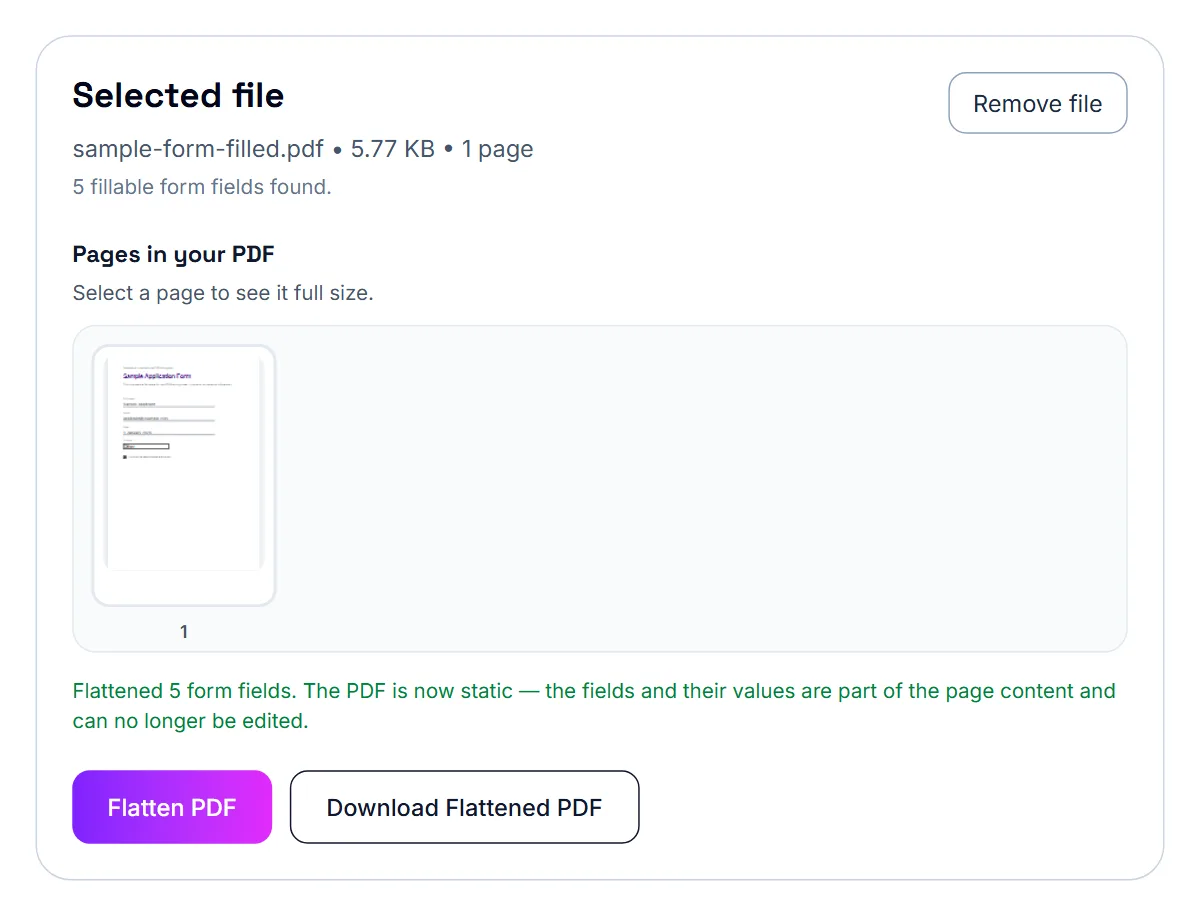 Flatten PDF finished on a filled-in sample form: 5 fillable form fields found, the page preview showing the typed answers, Flattened 5 form fields, and a Download Flattened PDF button