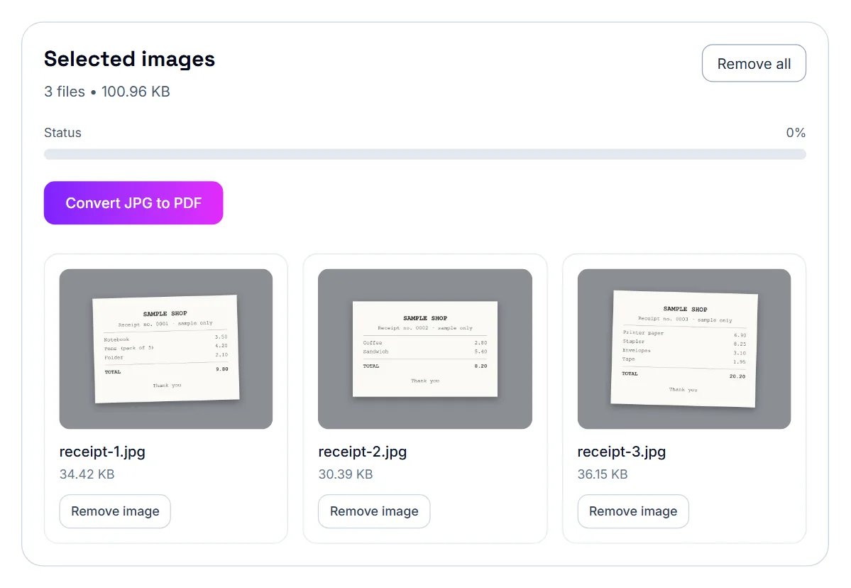 JPG to PDF with three receipt photos selected, listed in the order they will appear as pages