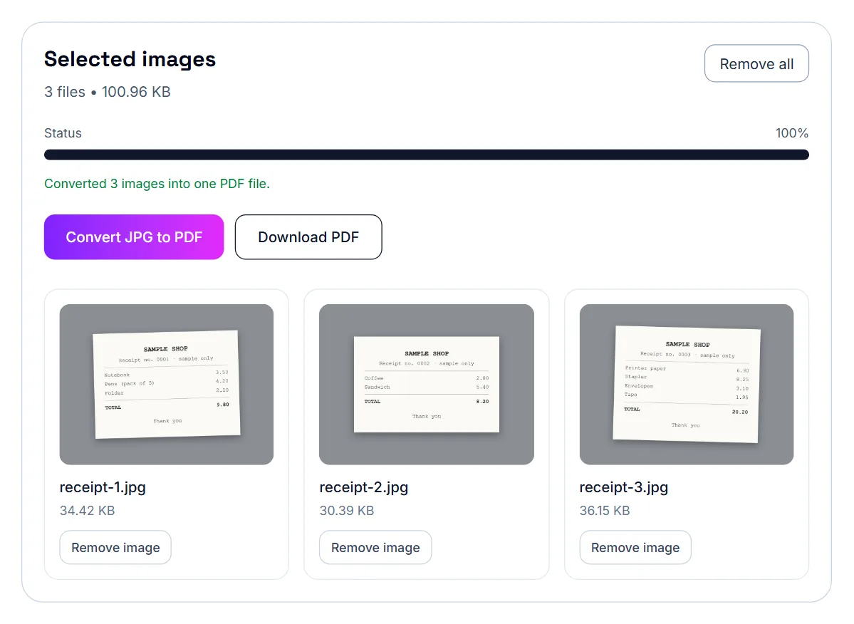 JPG to PDF finished: three images converted into one PDF, with a Download PDF button