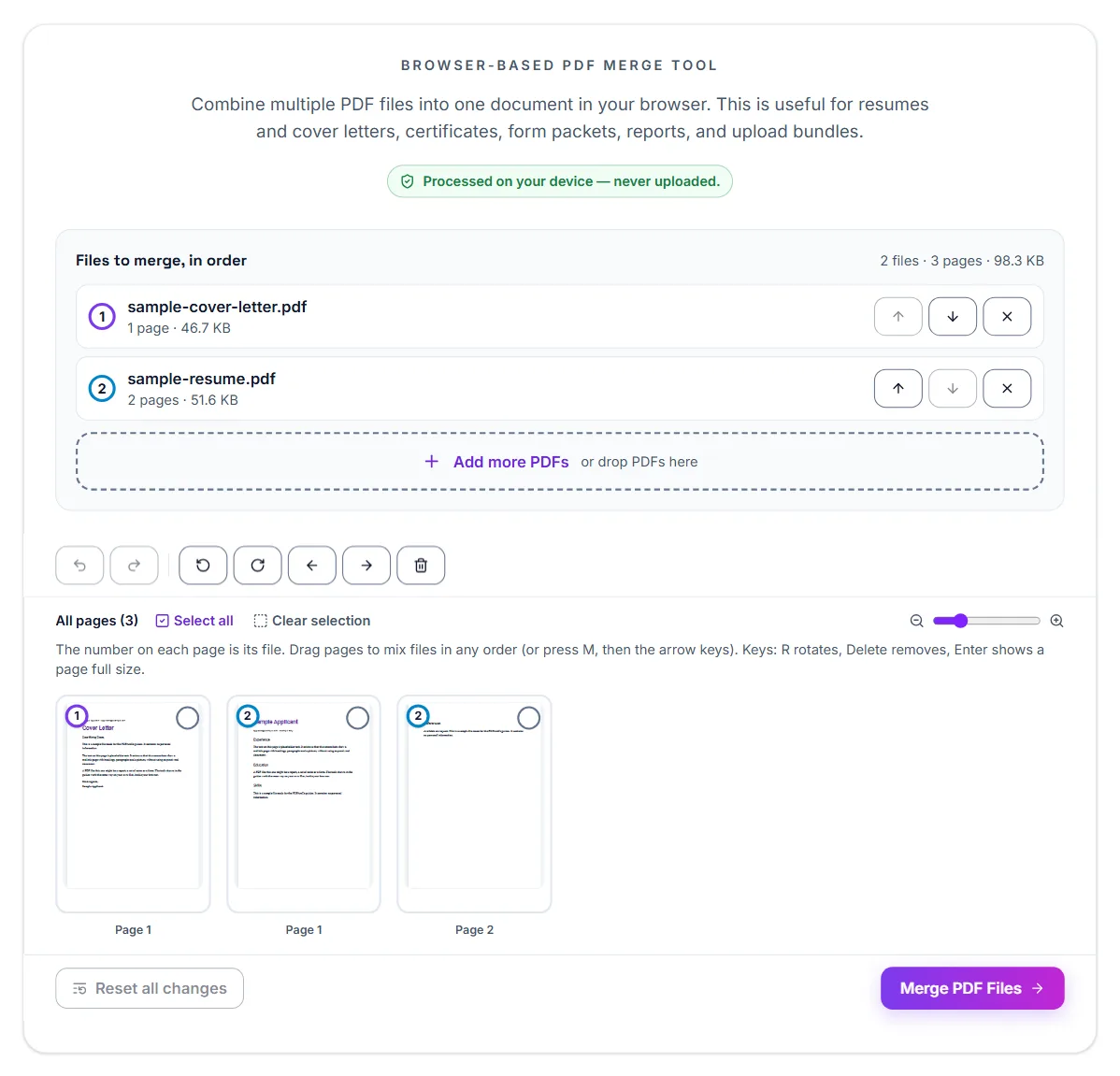 Merge PDF with two files added, a cover letter above a resume, each with move up, move down and remove buttons