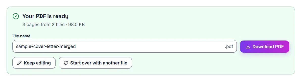 Merge PDF finished, with a button to download the combined PDF
