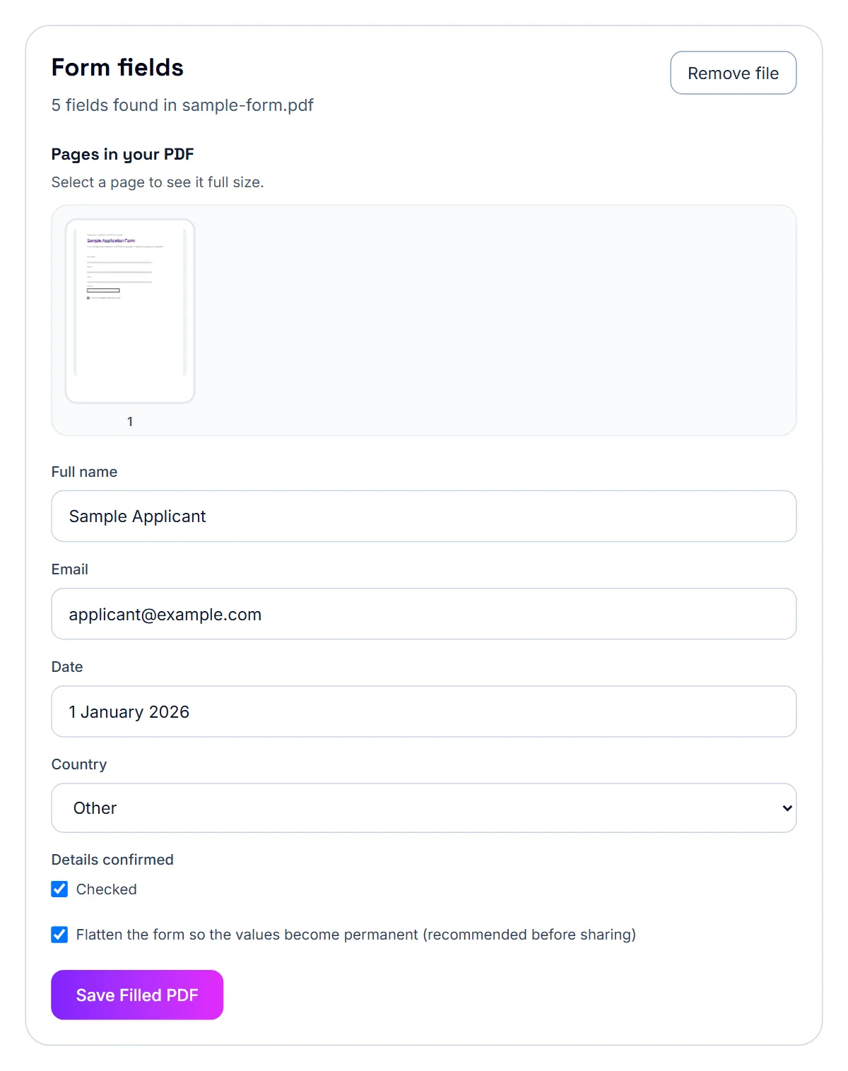 PDF Forms with a sample application form open: 5 fields found, Full name, Email and Date typed in, Country chosen from its menu, Details confirmed ticked, and the option to flatten the form ticked above Save Filled PDF