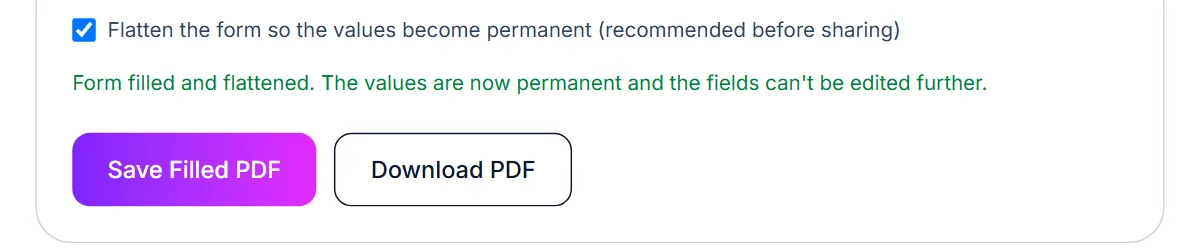 PDF Forms finished: Form filled and flattened, the values are now permanent, with a Download PDF button