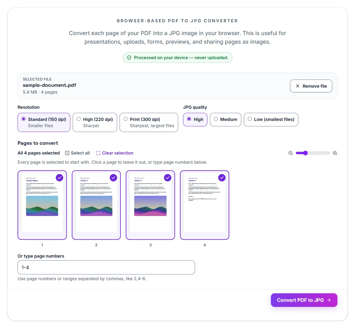 PDF to JPG with a four-page sample open: Resolution set to Standard (150 dpi), JPG quality set to High, all 4 pages selected under Pages to convert, and the Convert PDF to JPG button