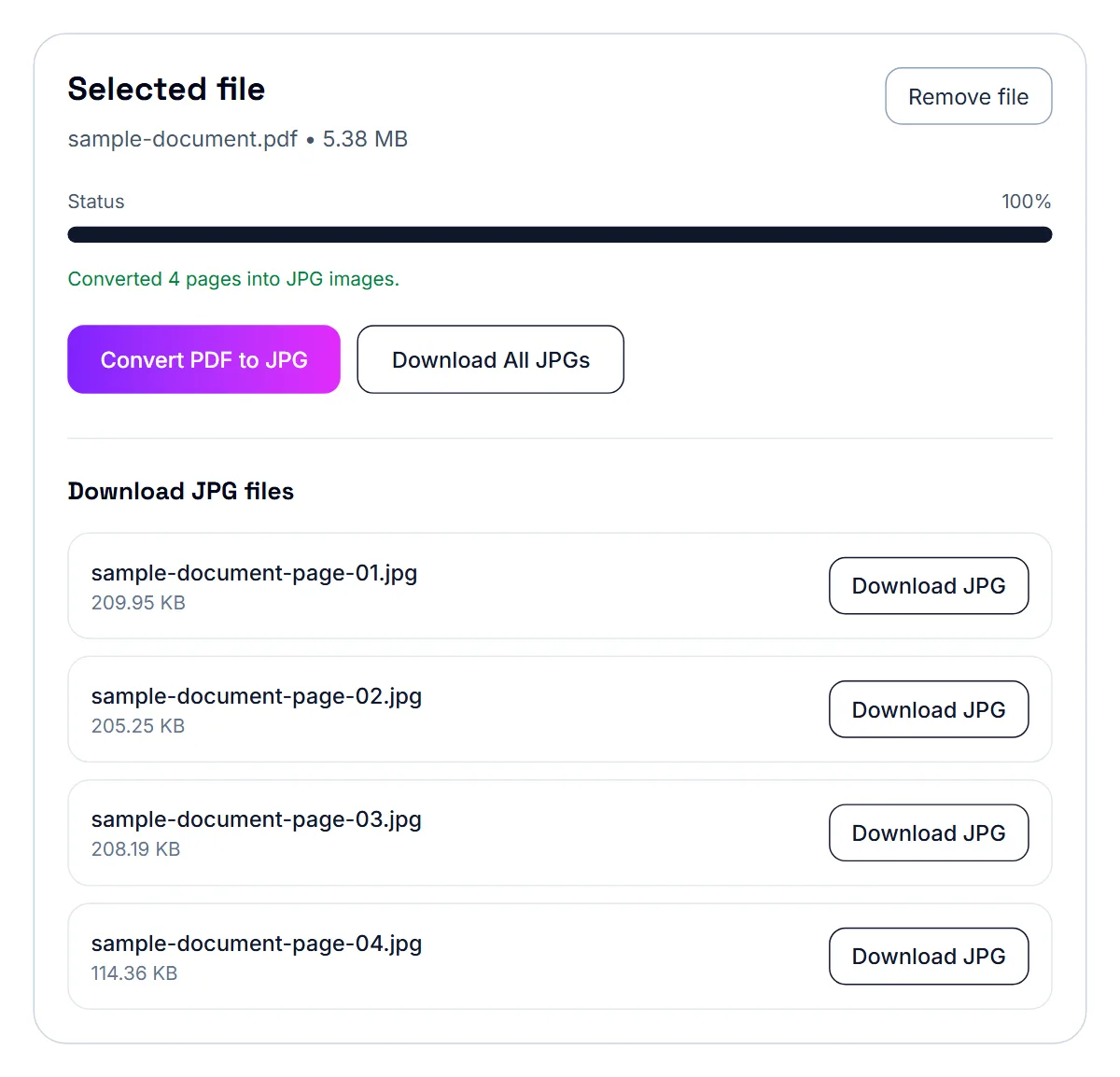 PDF to JPG finished, with the converted page images ready to download