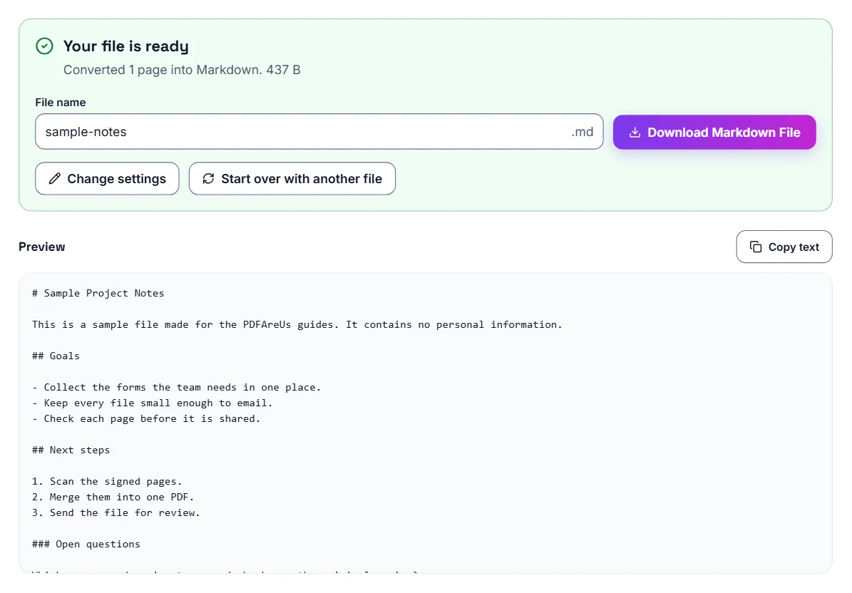 PDF to Markdown finished on a one-page sample of project notes: Your file is ready, a Download Markdown File button, and a preview with #, ## and ### headings, a bulleted list and a numbered list