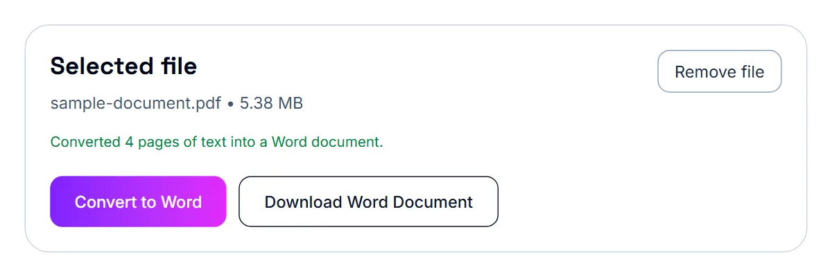 PDF to Word finished, with a button to download the .docx file