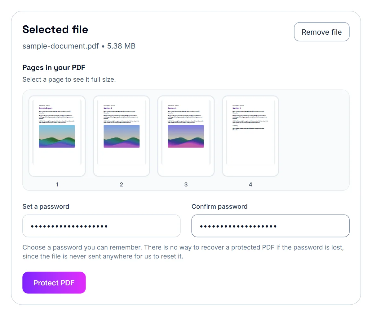 Protect PDF with a four-page sample loaded, thumbnails of its pages under Pages in your PDF, and a password entered twice, hidden as dots
