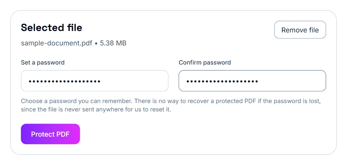 Protect PDF with a sample file loaded and a password entered twice, hidden as dots