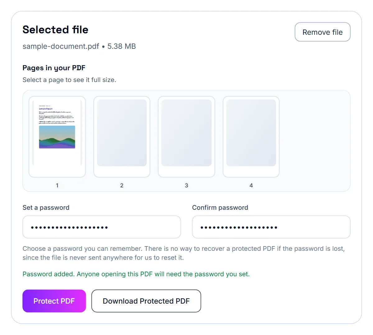 Protect PDF finished, with a button to download the password-protected PDF