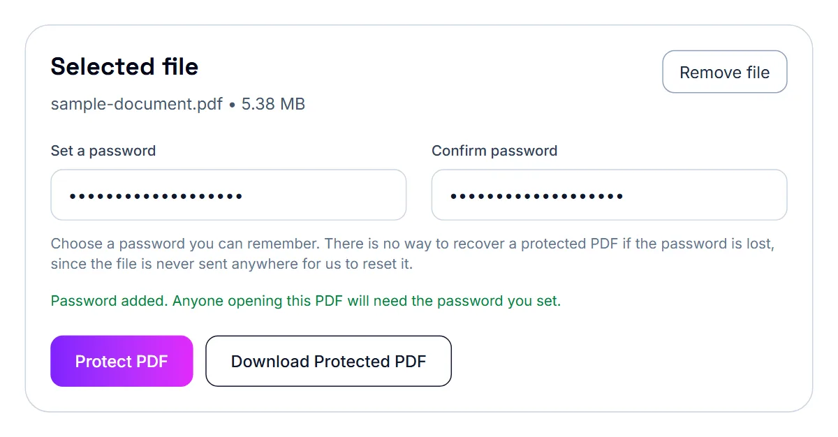 Protect PDF finished, with a button to download the password-protected PDF