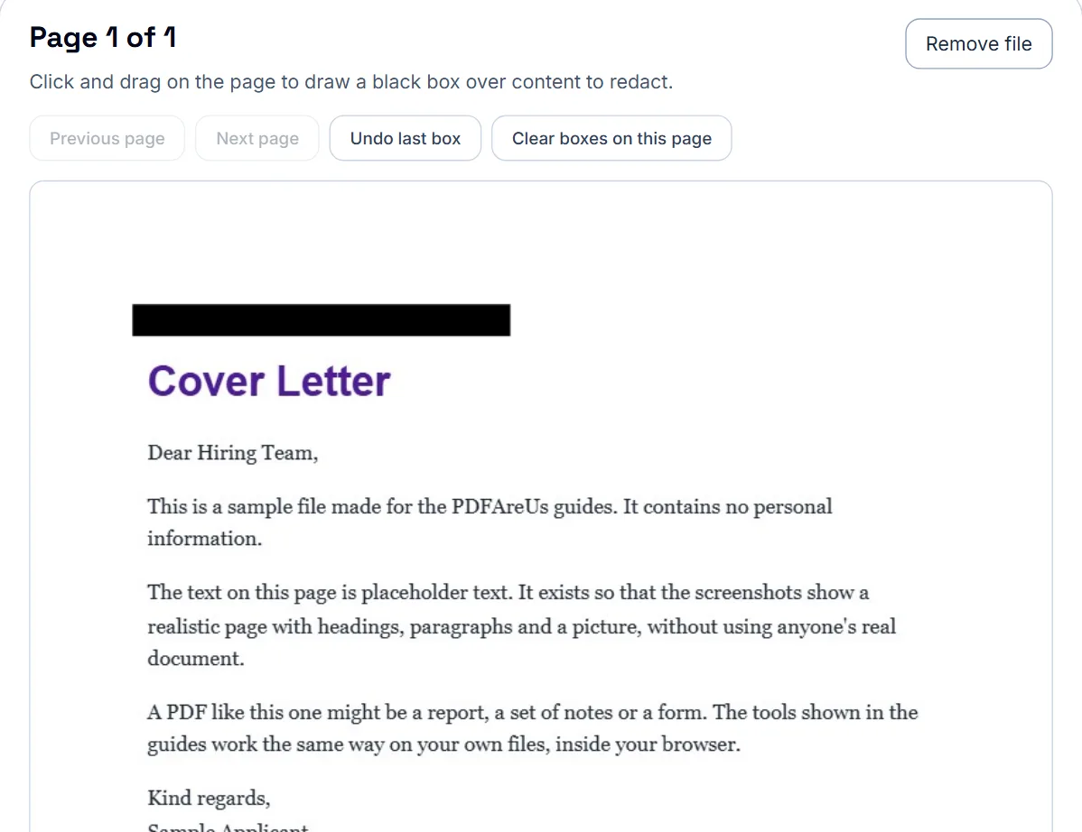 Redact PDF with a sample cover letter open: a black box drawn over the name and email line at the top of page 1, with Previous page, Next page, Undo last box and Clear boxes on this page above it