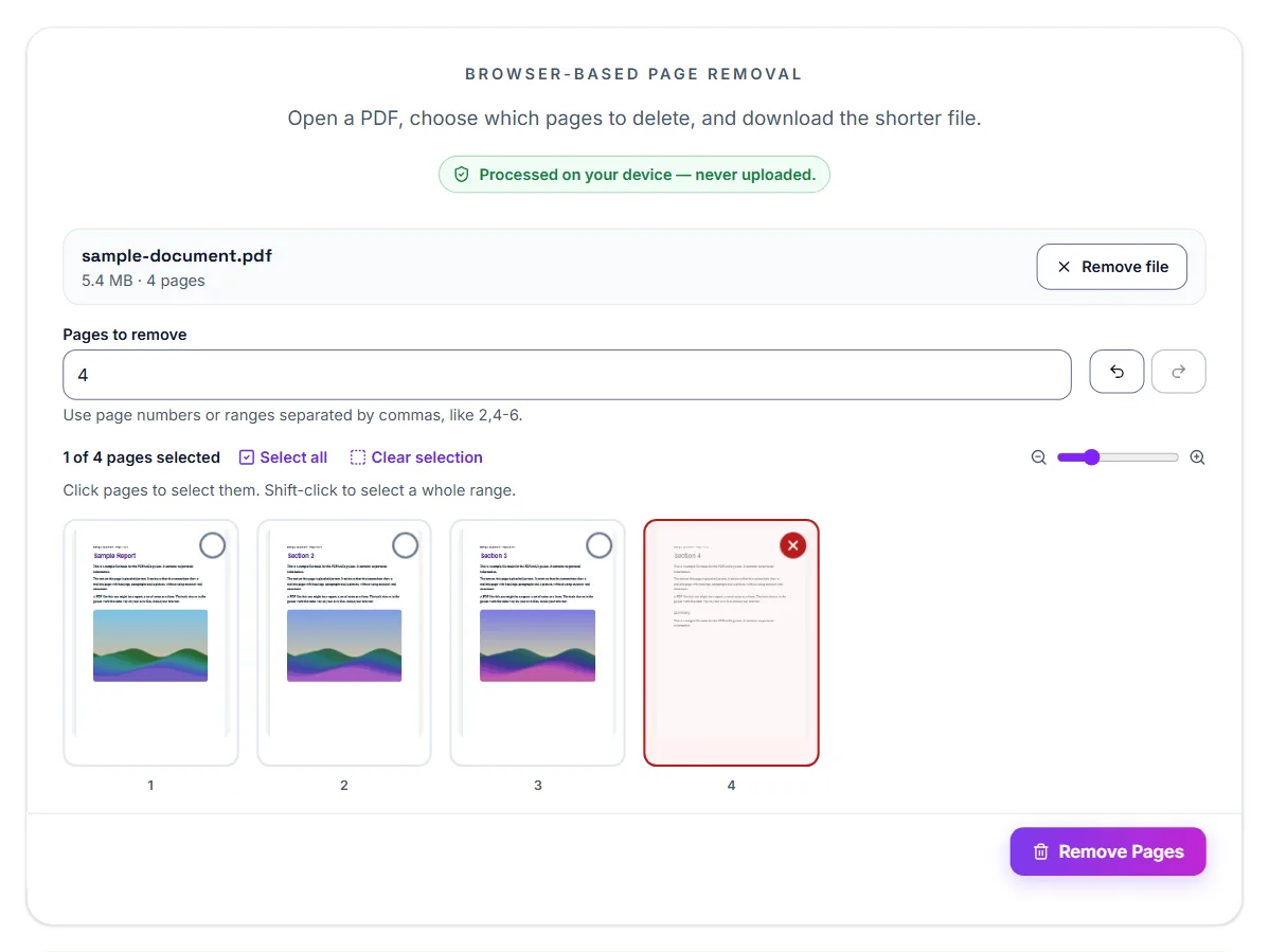 Remove Pages with a four-page sample open, 4 typed into the Pages to remove box, page 4 marked for removal among the thumbnails, and the Remove Pages button
