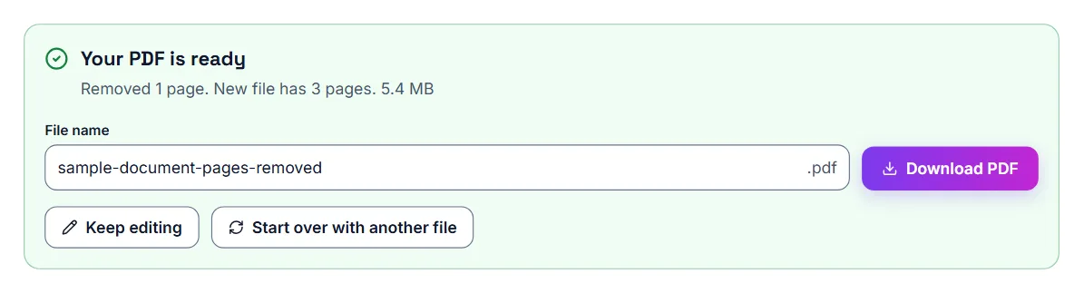 Remove Pages finished: Your PDF is ready, 1 page removed and 3 pages in the new file, and a Download PDF button