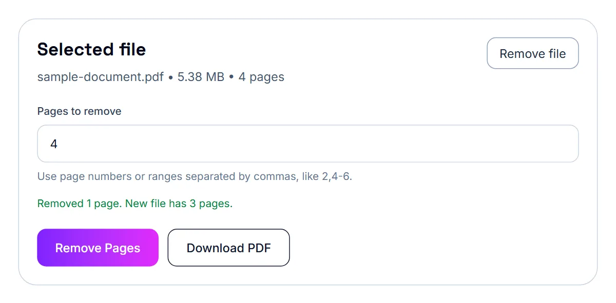 Remove Pages finished, with a button to download the PDF without the removed page