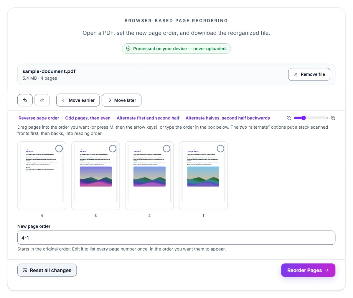 Reorder Pages with a four-page sample open after Reverse page order was selected: the pages now run 4, 3, 2, 1, the New page order box shows 4-1, and the Reorder Pages button is below