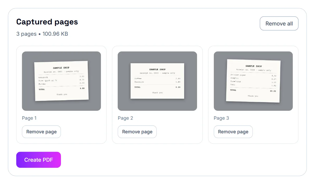 Scan to PDF with three photos of sample receipts added under Captured pages, each with a Remove page button, above the Create PDF button