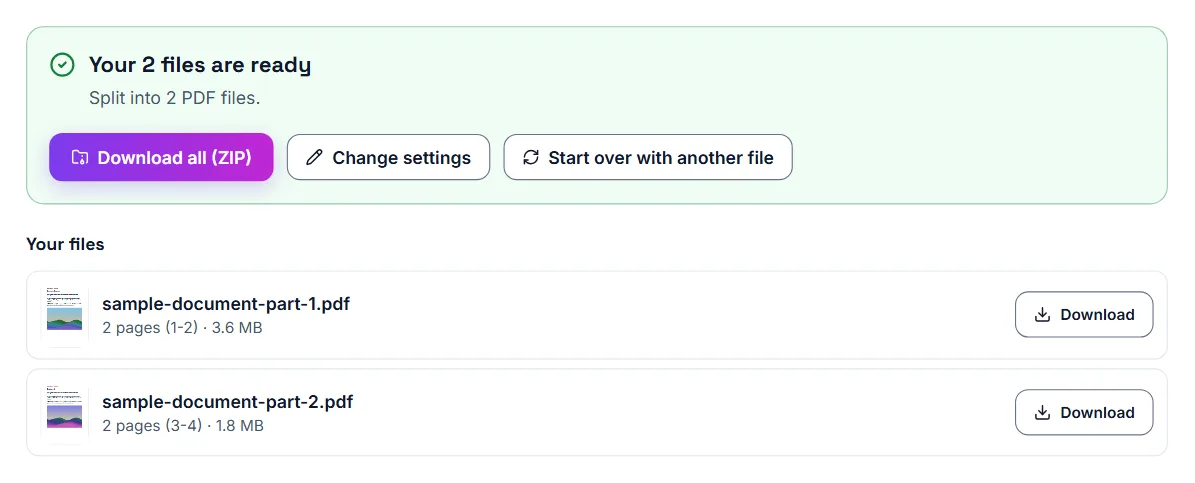 Split PDF finished: Your 2 files are ready, with a Download all (ZIP) button and, under Your files, a Download button for each part