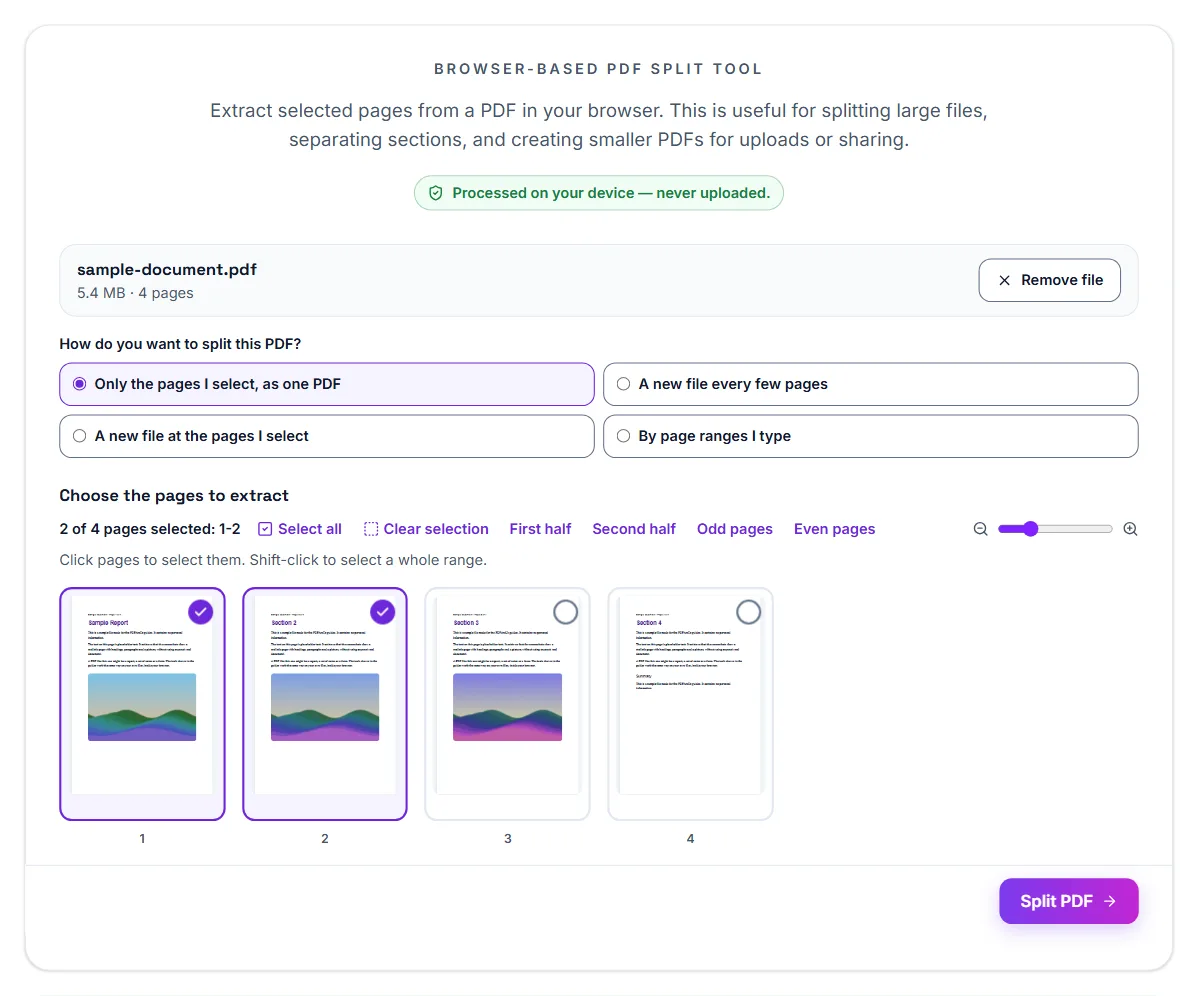Split PDF with a four-page sample open and Only the pages I select, as one PDF chosen. Pages 1 and 2 are selected with the First half button, above the Split PDF button