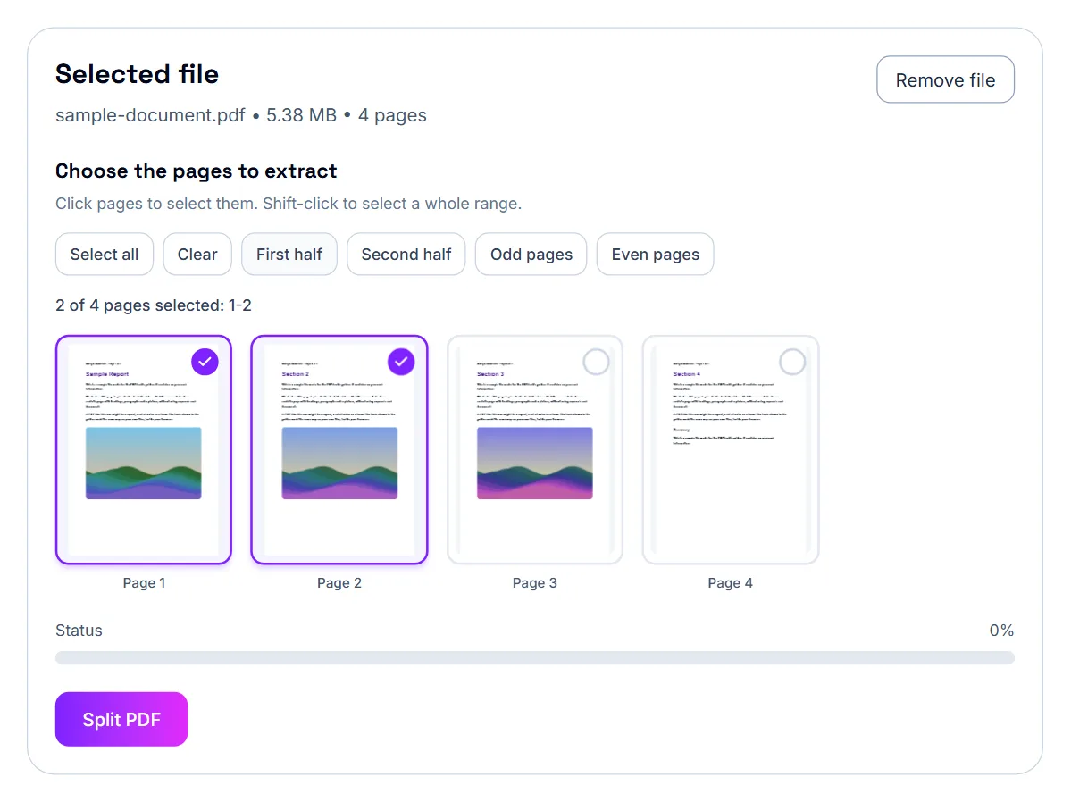 Split PDF showing thumbnails of a four-page sample, with pages 1 and 2 selected using the First half button