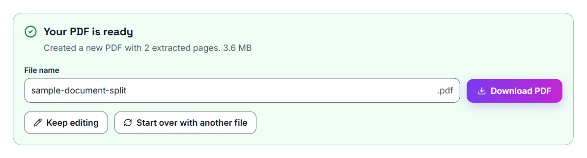 Split PDF finished: Your PDF is ready, a new PDF with the 2 extracted pages, and a Download PDF button