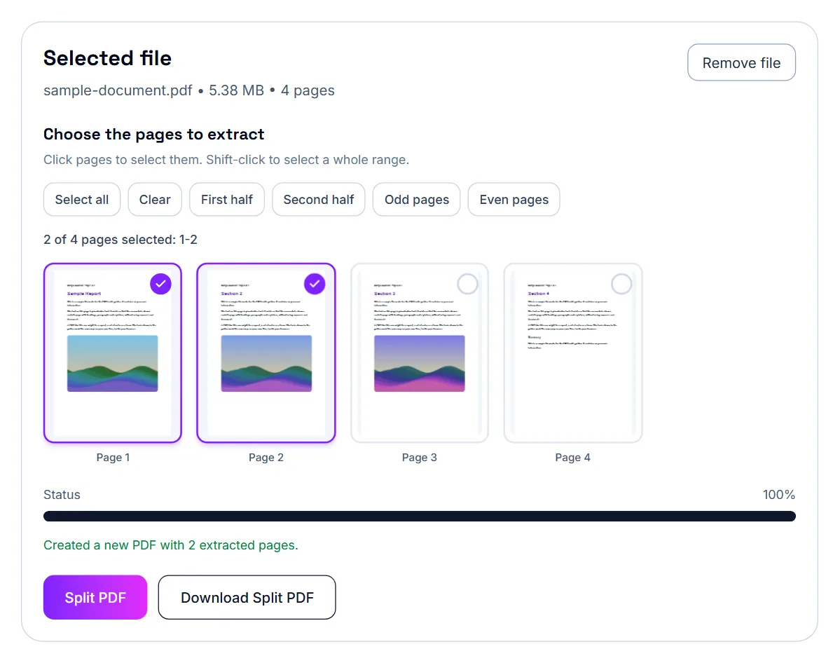 Split PDF finished, with a button to download the new PDF that holds the selected pages