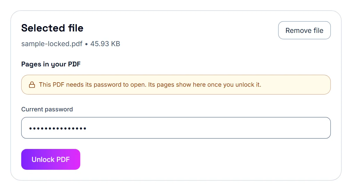 Unlock PDF with a password-protected sample letter open: a note that its pages show once it is unlocked, and the password typed under Current password, hidden as dots, above the Unlock PDF button