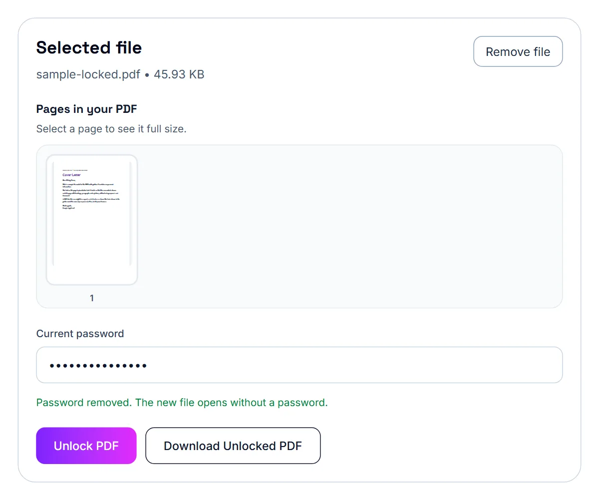 Unlock PDF finished: Password removed, the new file opens without a password, a Download Unlocked PDF button, and the unlocked page shown under Pages in your PDF