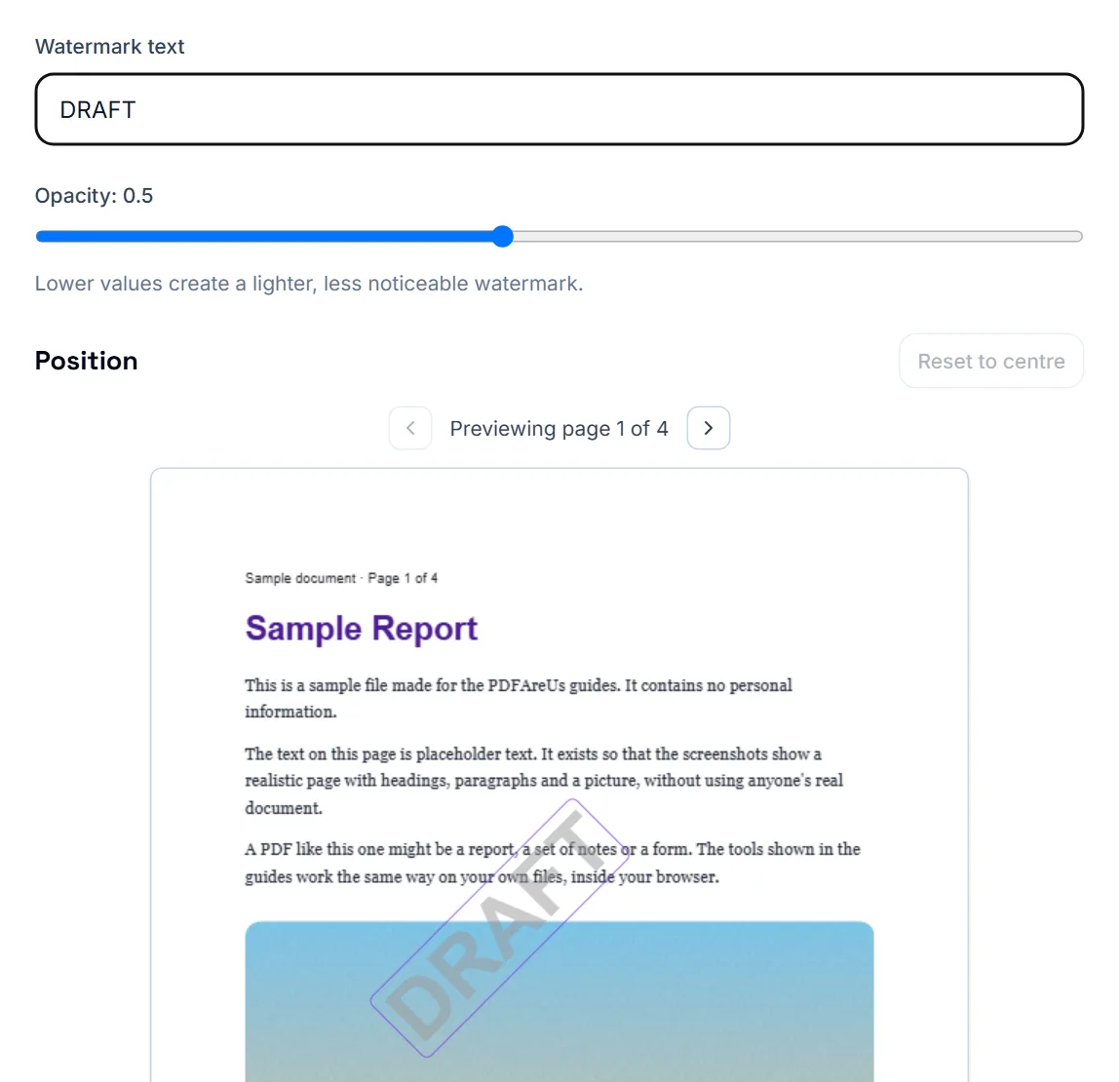 Watermark PDF with a four-page sample open: DRAFT typed as the watermark text, Opacity set to 0.5, and the preview of page 1 of 4 with DRAFT drawn diagonally across it