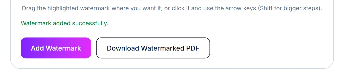 Watermark PDF finished: Watermark added successfully, with a Download Watermarked PDF button