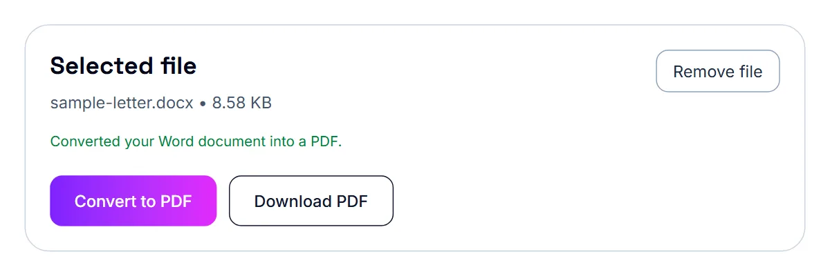 Word to PDF finished, with a button to download the PDF